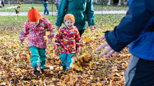 Two young children in water proof coats and pumpkins hats are kicking colourful autumn leaves in the grass and smiling.